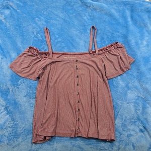American Eagle Red and White Cold Shoulder Top